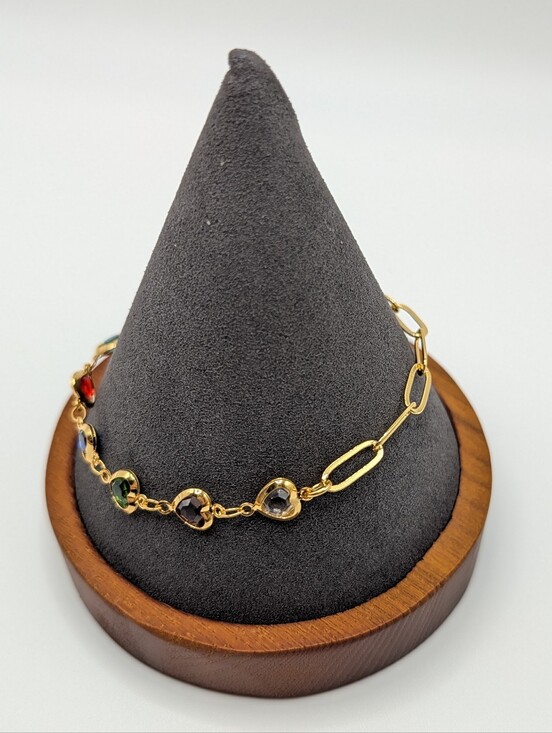 Jewelry - 18k Gold-Plate Paperclip chain Rainbow Heart Gem Bracelet Asymmetrical
